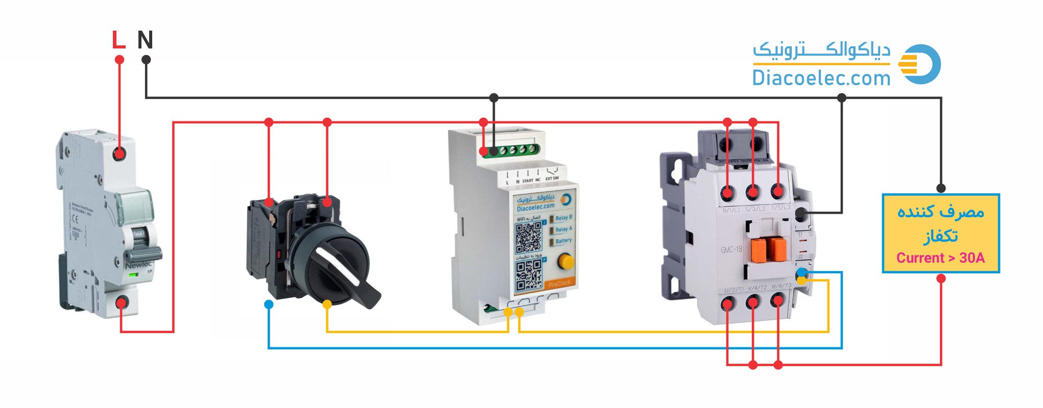 سیم کشی ساعت فرمان دیاکو الکترونیک برای مصرف کننده تک فاز با کمک کنتاکتور